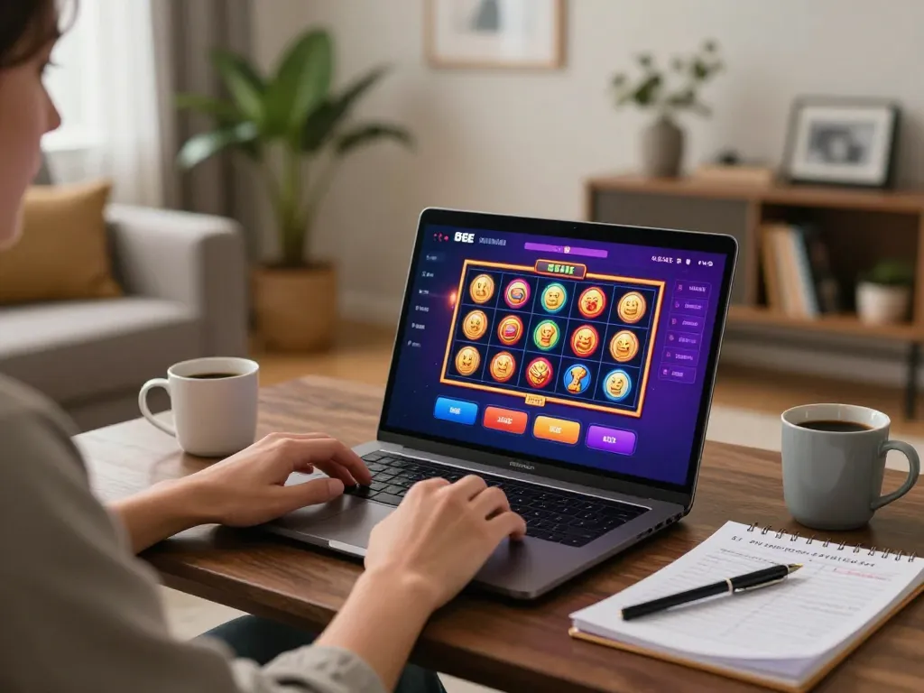 Engaging in exciting gameplay on the 8EEE plataforma using a laptop at home, showcasing vibrant casino interface