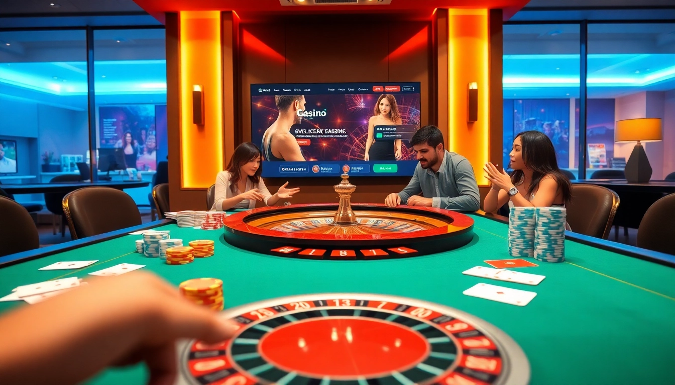 Engage in thrilling gameplay at the modern casino scene featuring players, cards, and the interface of https://uu88xpj.com/.