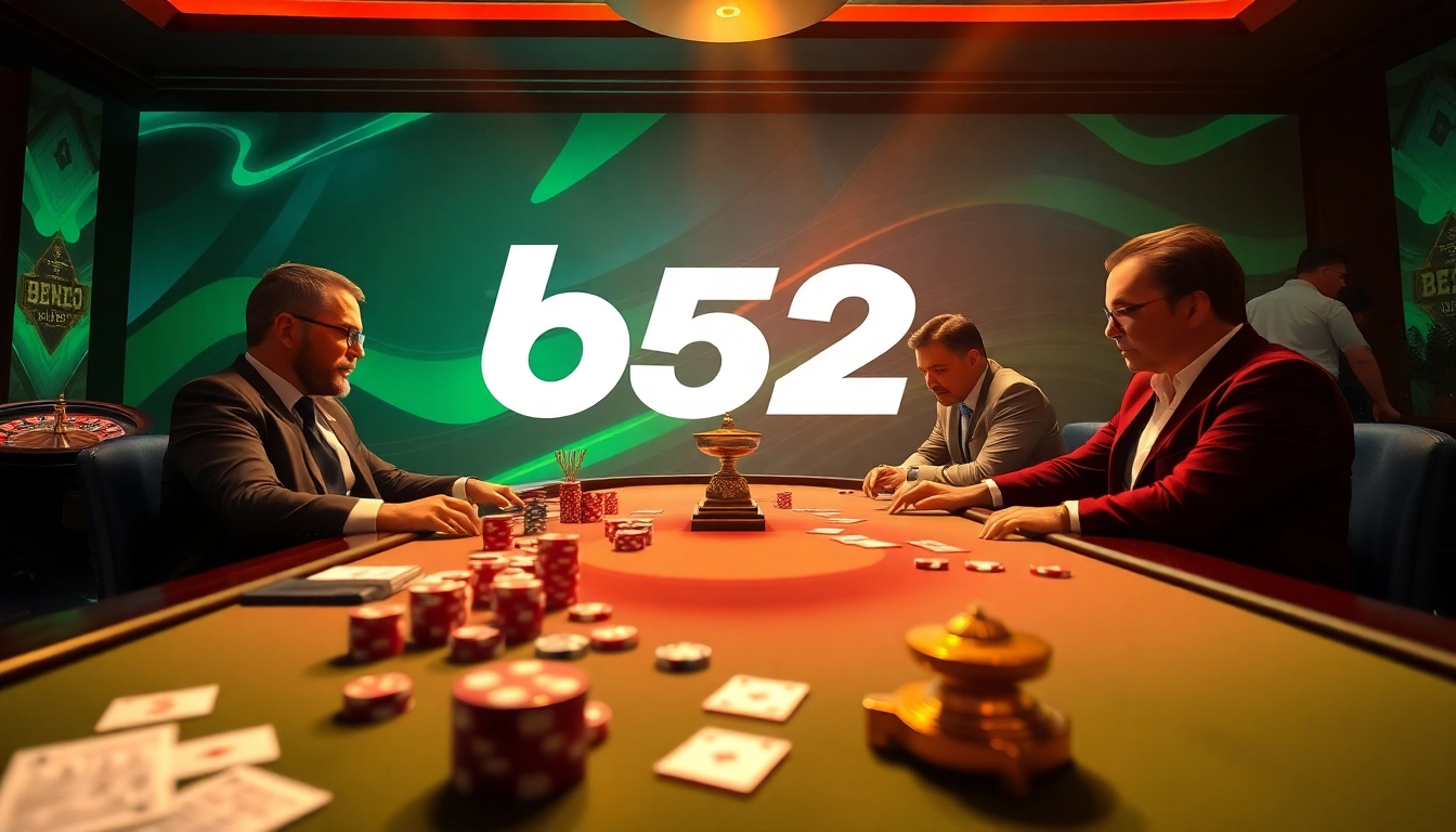 B52 casino scene featuring players at high-stakes poker table in a luxurious setting.