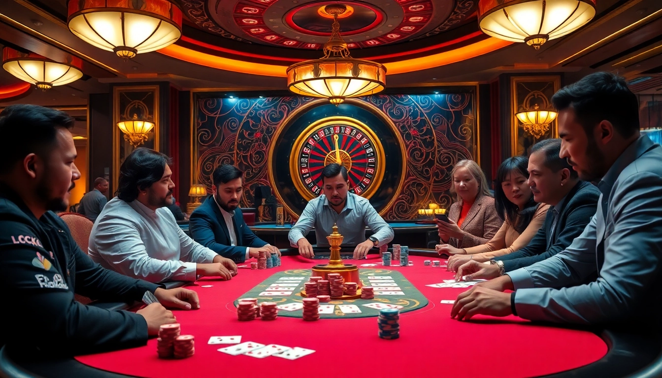 Players engaging at a poker table in an upscale casino setting, emphasizing luck8 atmosphere.