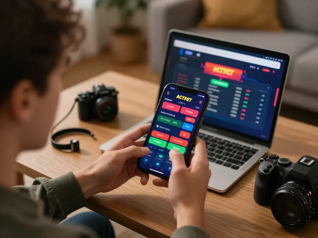 Engaged player exploring zbett mobile app for sports betting from a cozy home setting.