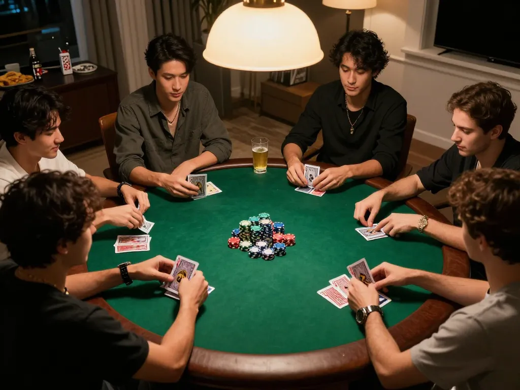 Poker night with friends at home, showcasing 88aa com gameplay and social interaction.