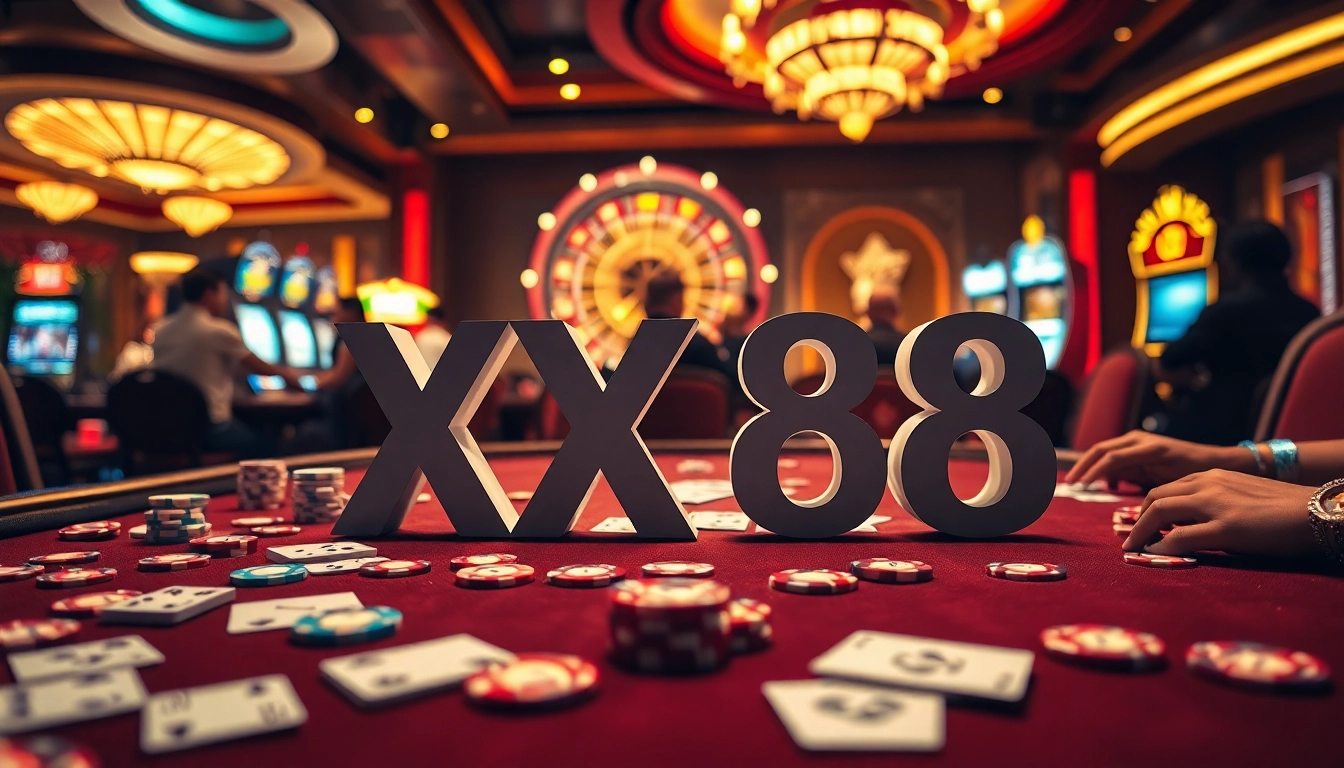 Players enjoying a high-stakes poker game at XX88 casino with vibrant chips and cards.