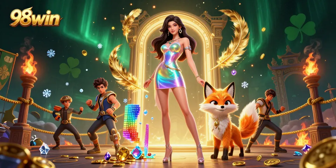 Engage in exciting games at 98win, featuring a dazzling casino scene with vibrant characters and game elements.