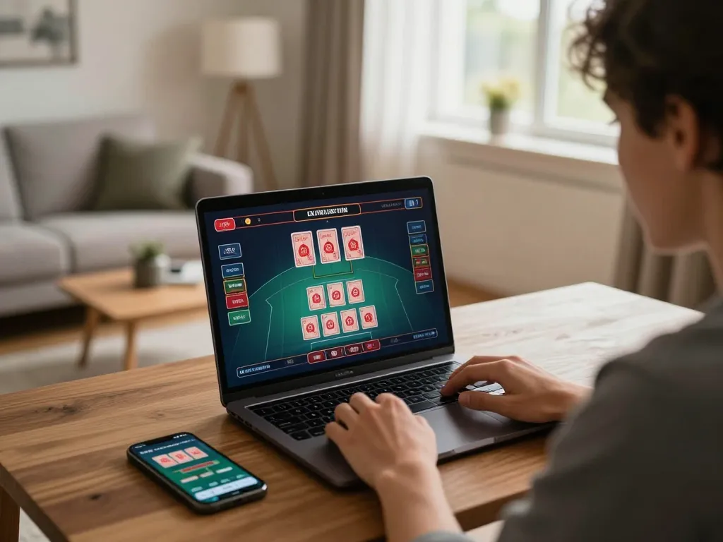 Engaging with nhà cái HM88 through a laptop gameplay at a cozy home setup, emphasizing strategic online gambling.