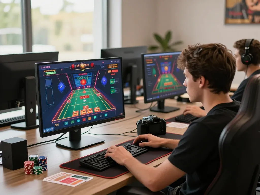 Bong88 online gambling setup showing multiple screens and a focused player during gameplay.