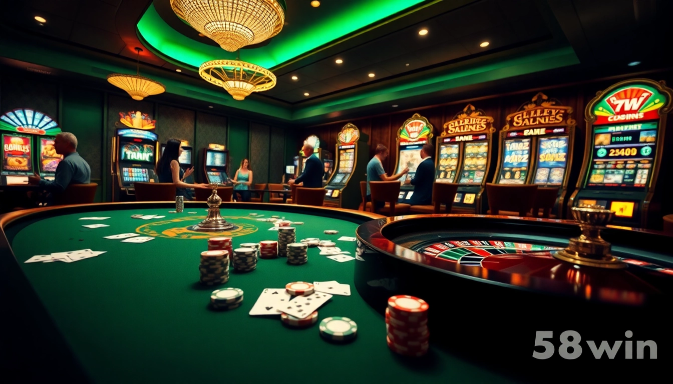 Players enjoying an exciting game night at 58win casino, showcasing colorful tables and vibrant slot machines.