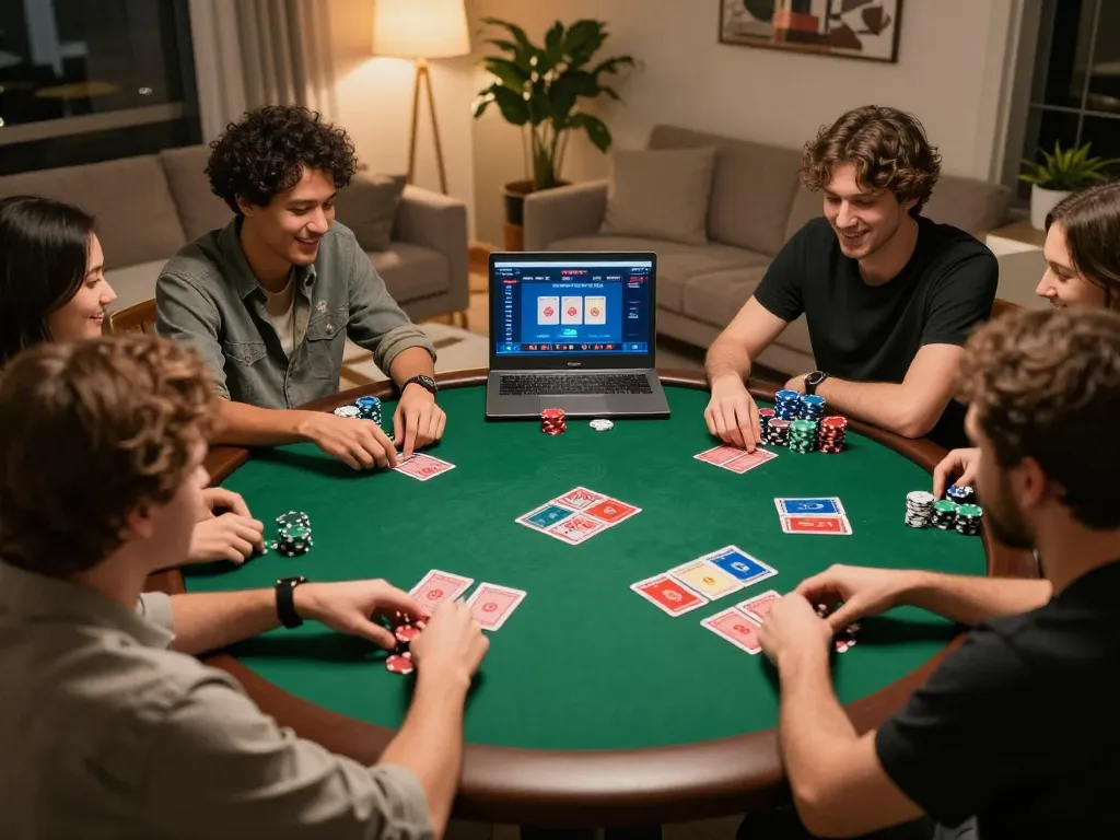 Kuwin players enjoying a lively poker game at home, showcasing competitive excitement and camaraderie