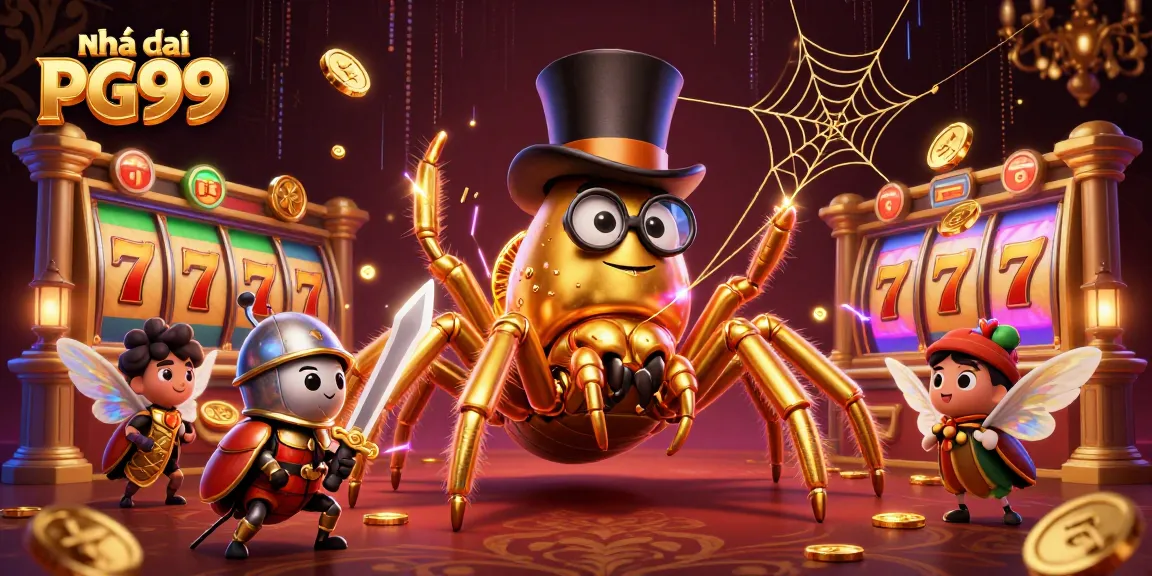 Spin the reels at Nhà cái PG99 with a dynamic golden tarantula and beetle knight in an electrifying casino scene.
