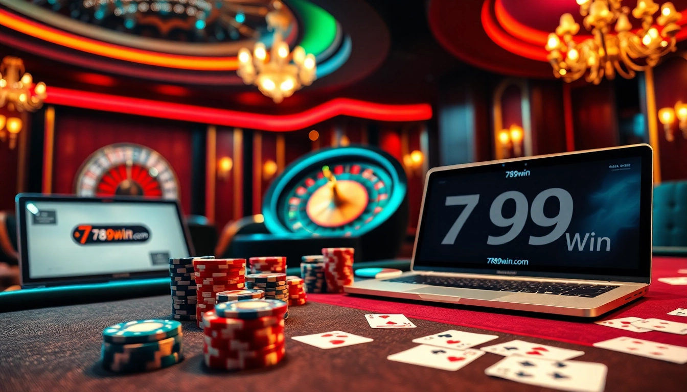 Engage with thrilling casino action at 789win. com featuring poker chips and a roulette wheel.