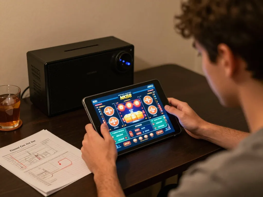 Engaged player reviewing NK88 online casino options at home with strategic notes.