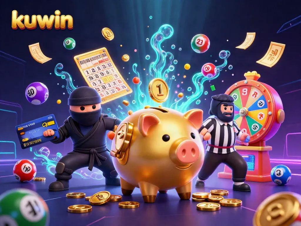 Kuwin excitement unfolds as a cartoon piggy bank sumo wrestler stomps down, showering coins while ninja and samurai engage.