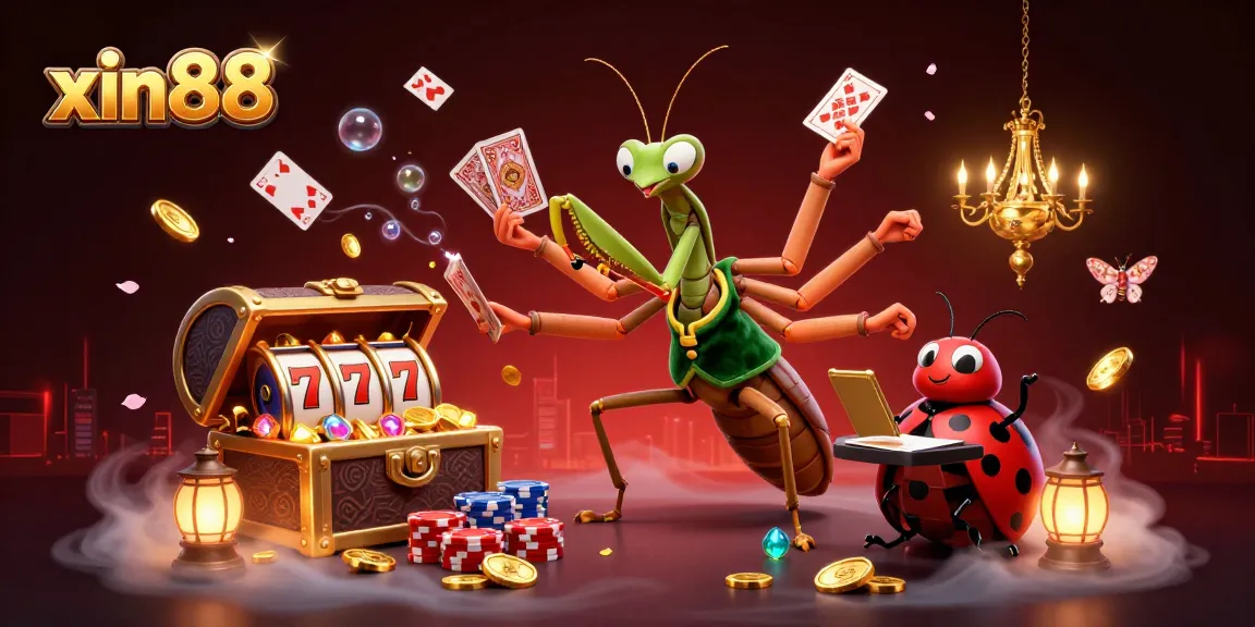 Win big at xin88 with an exciting casino scene featuring a giant mantis and ladybug.