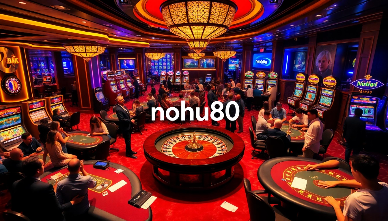 Nohu90 casino scene showcasing thrilling poker games and vibrant slot machines.