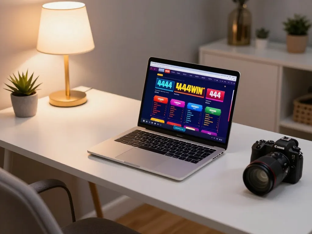 Engaging gameplay on the 4444WIN plataforma showcasing online casino options with a sleek modern laptop setup.