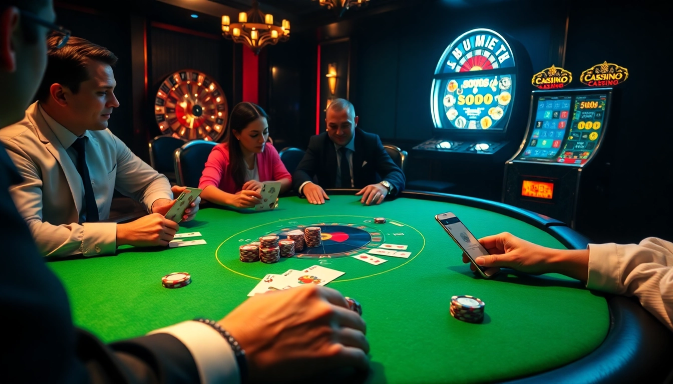 SODO CASINO players enjoying an exciting game of poker at a luxury casino table.