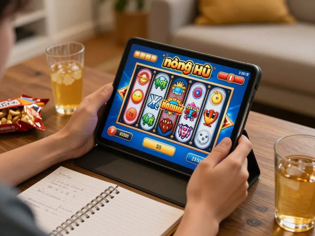 Enjoying nổ hũ on a tablet at home with strategic notes and snacks visible, creating a dynamic gaming atmosphere
