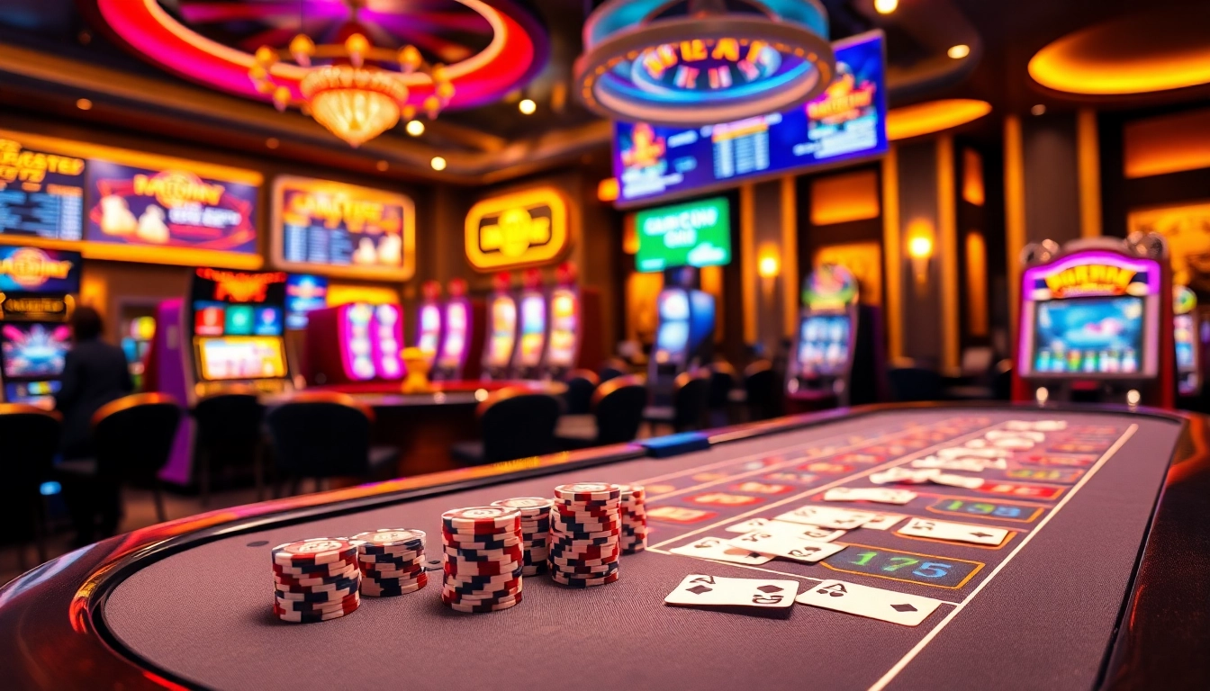 Iwin đổi thưởng online gambling interface showcasing a vibrant casino scene with poker chips and roulette.