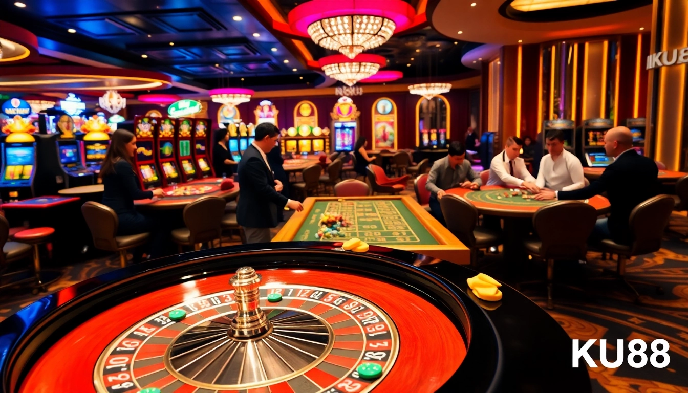 Experience the thrilling atmosphere of KU88 casino, featuring vibrant gaming tables and excitement.