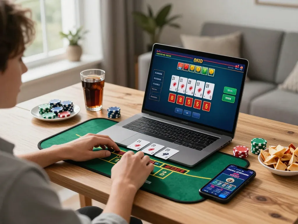 Engaged player at trang chủ jun88 using laptop for online blackjack game strategy in cozy setting.