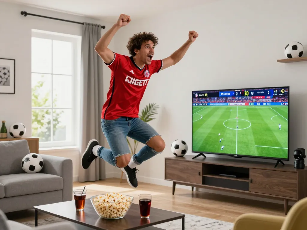 Excited soccer fan watching a live match while celebrating updates from 7m, surrounded by snacks and memorabilia.