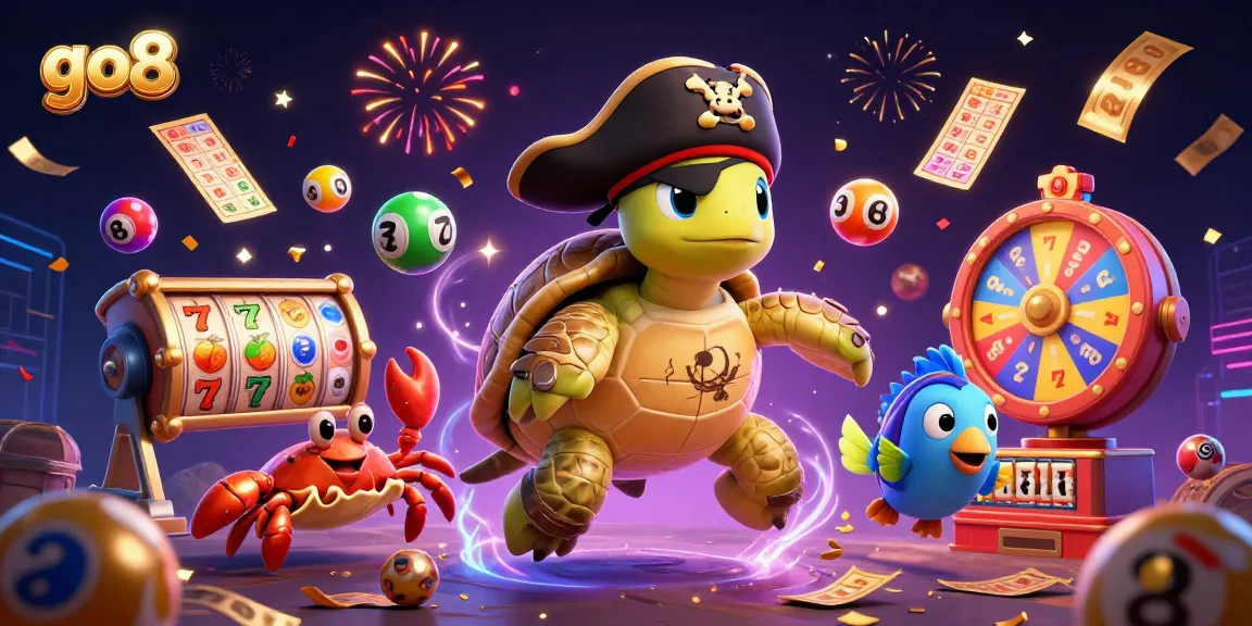 Experience the thrill of go8 gaming with a vibrant 3D scene featuring a pirate turtle and lottery elements.