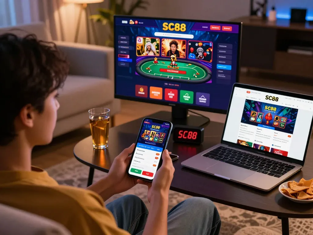 User engaging with the SC88 gaming app in a cozy living room, showcasing vibrant casino game interface.