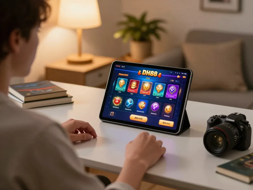 Engaged player exploring the trang chủ dh88 online casino interface on a tablet in a cozy home setting.