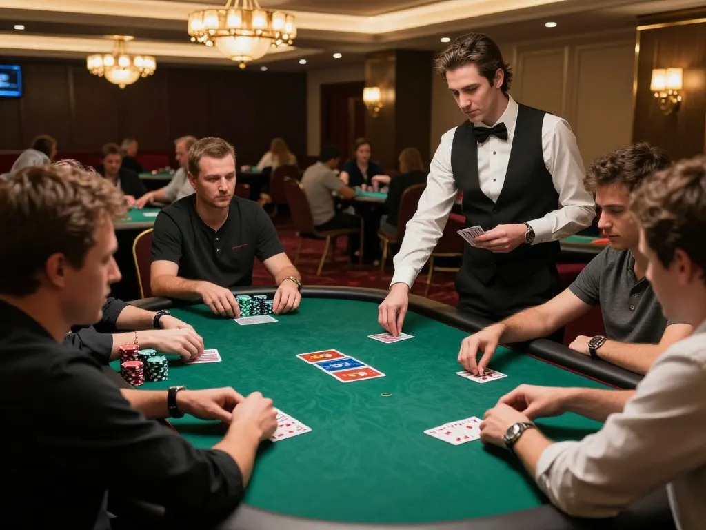 red888 players calculating their bets during an intense poker game in a vibrant casino environment