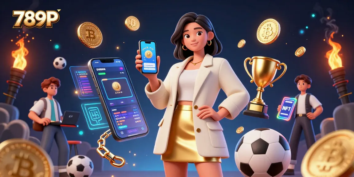 Engage with 789P as a beautiful Asian woman promotes a sports betting app with vibrant crypto elements.