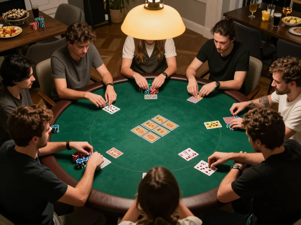 Players engage in an exciting poker game at home while using vb88 gaming strategies.