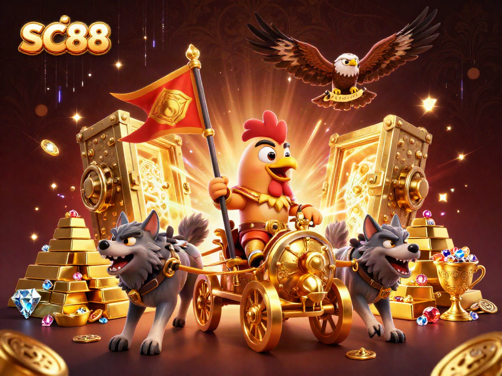Bet on SC88 with a cartoon rooster warlord in a golden chariot surrounded by treasure and jewels.