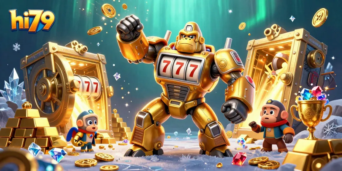 Spin to win big with hi79 in this vibrant casino-themed 3D illustration showcasing colorful slot elements.