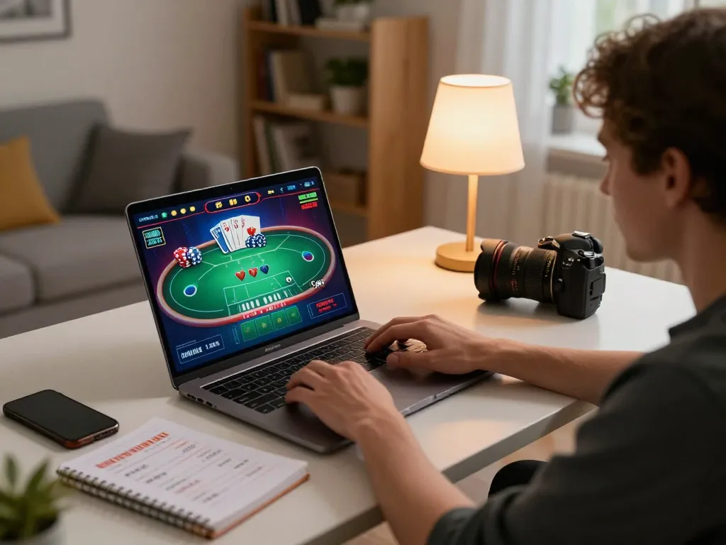 Play online poker at god55 with a cozy home setup, showing gaming interface and betting notes