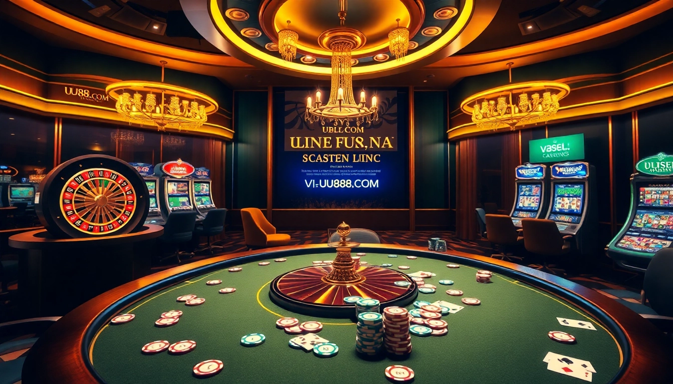 Engaging players at a lively gambling table, showcasing uu88 com with vibrant casino elements.