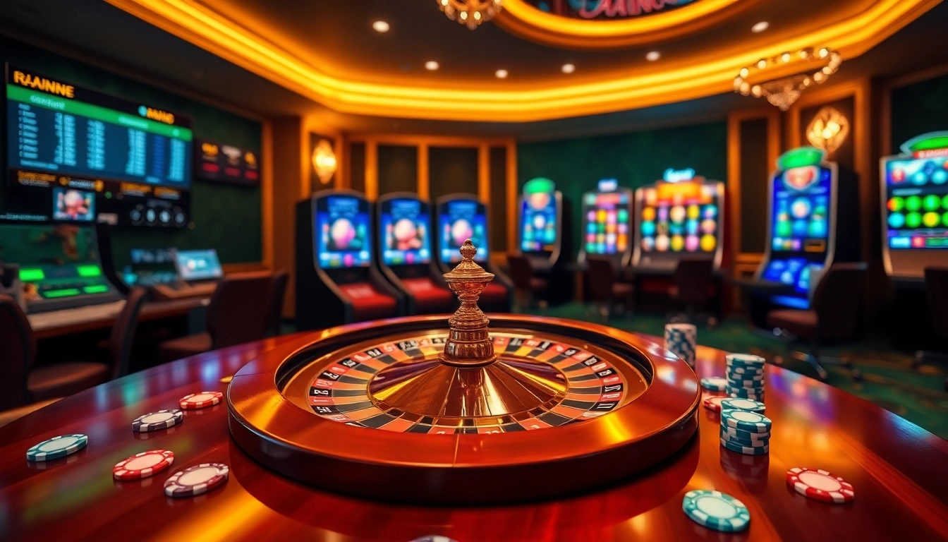 Experience thrilling gambling excitement at https://ax88.bid/ with a luxurious casino scene showcasing poker chips and a roulette wheel.