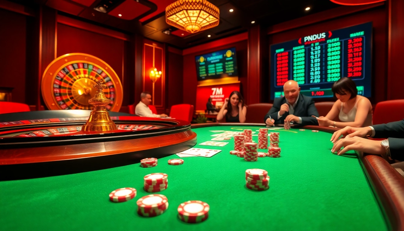 Exciting casino atmosphere with poker chips and roulette wheel showing 7m cn live betting odds.