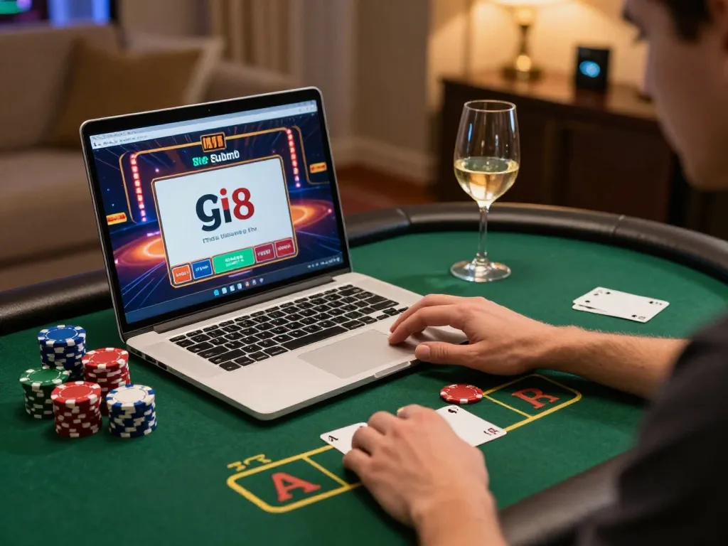 Player engaging in strategic gi8 gaming on laptop with poker chips and notes in a cozy setting