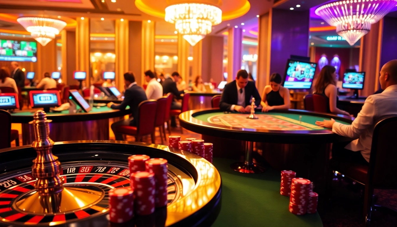 KJC's vibrant casino scene showcasing poker chips and roulette wheel in a luxurious setting.