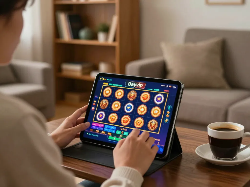 Experience Bayvip's vibrant slot games in a cozy home setup, showcasing an engaging online gaming moment
