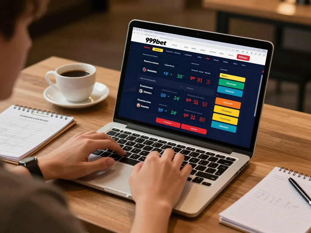A gambler engaging with the 999bet online platform on a laptop, highlighting strategic gameplay and cozy home environment.