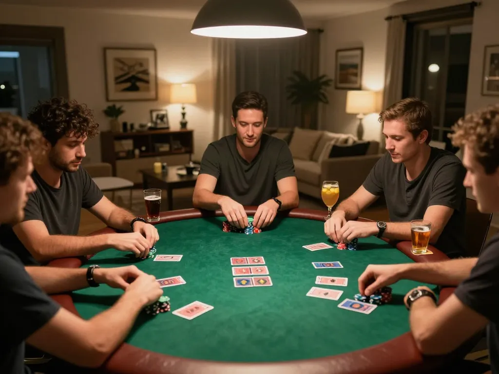 Friends enjoying a competitive poker night gaming experience at home with excitement over 90P gameplay