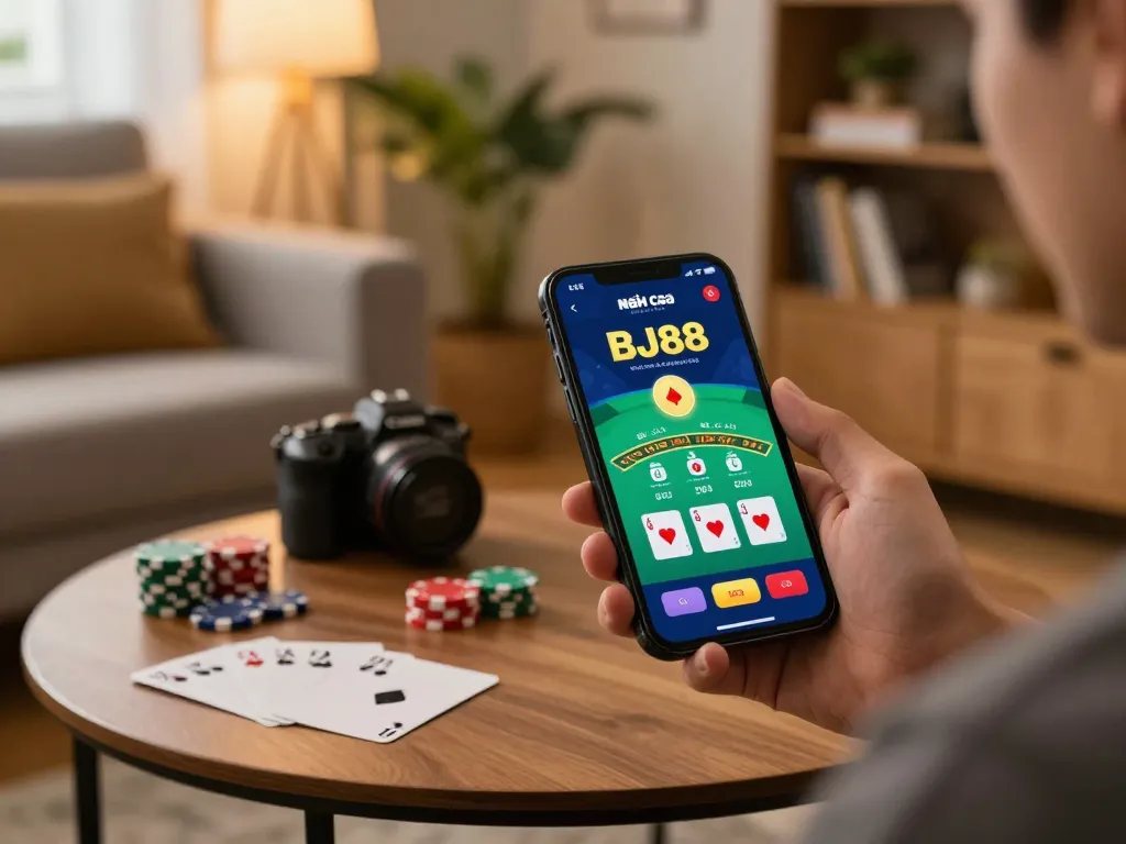Engaging in responsible gaming with Nhà cái BJ88 app, showcasing live blackjack in a cozy home setting.
