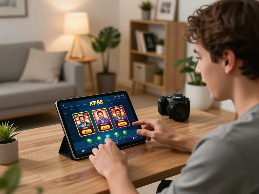Engaged player interacting with KP88 casino app on tablet in modern home gaming setup.