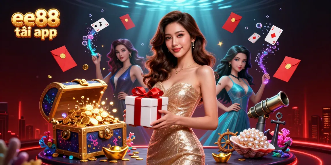 Play and win with ee88 tải app, featuring a vibrant casino scene filled with gold coins and festive elements.