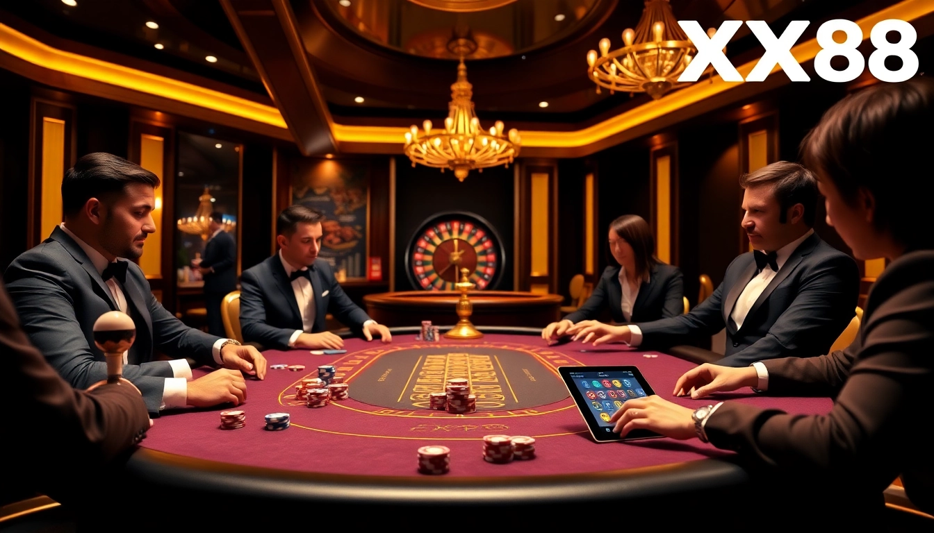 Experience the excitement of poker at XX88 online casino, showcasing vibrant chips and a professional dealer.