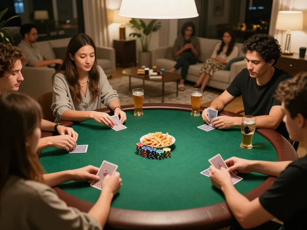 NHÀ CÁI F168 home poker night with friends enjoying a game of cards and drinks