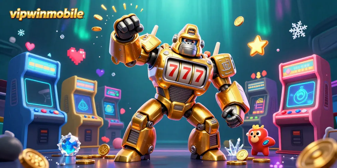 Experience thrilling gaming action with the vipwinmobile golden gorilla mech amidst explosive coins and arcade machines.