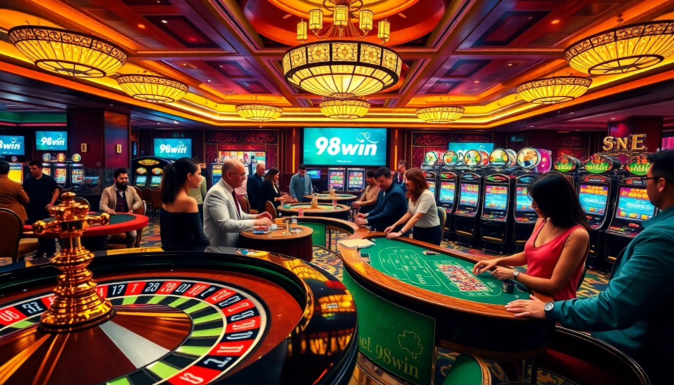 Winning strategies at 98win vin casino, showcasing dynamic gambling action with excited players.