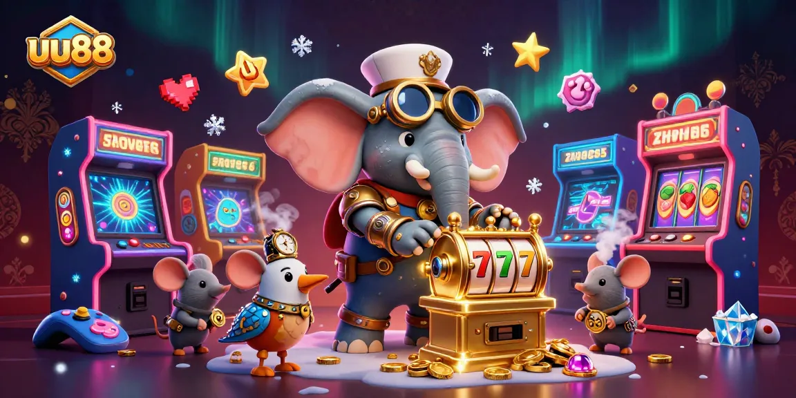 Engage with thrilling gameplay at uu88 while a steampunk elephant operates a golden slot machine in a vibrant casino atmosphere.